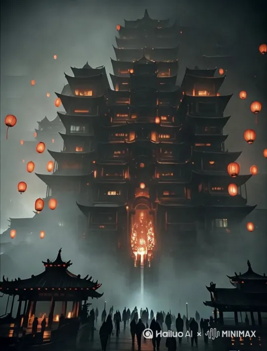 画面动起来，灯笼向上飘荡，水往上流，人群纷纷往地府建筑里走，江水飘荡，流动，浓重的雾气弥漫，鬼气森然，从下往上缓慢运镜 by Hailuo AI Video Generator