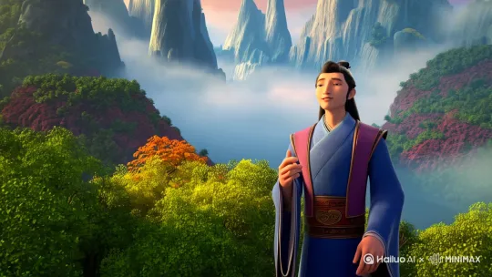 动漫人物哪吒，背诵古诗词望天门山，要求配上字幕 by Hailuo AI Video Generator