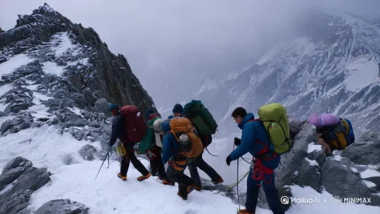 写实风，一群登山者在登山  突发雪崩， by Hailuo AI Video Generator
