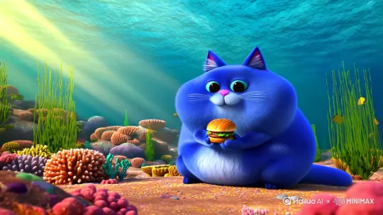 生成一只蓝色的胖猫，这只胖猫在海底吃麦当劳 by Hailuo AI Video Generator
