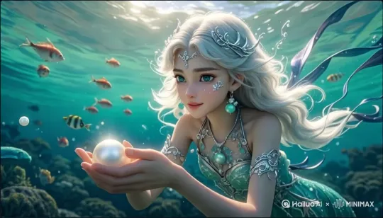 东海银龙女，银色长头发，银饰，飘带，在深海中飘动，她在水中游来游去，鱼儿们跟着她嬉戏，手捧的珍珠散发着光芒，龙女特写面露微笑，眼睛里面闪着光，CG渲染，三维动画电影品质，光影细节真实，8K超精细 by Hailuo AI Video Generator