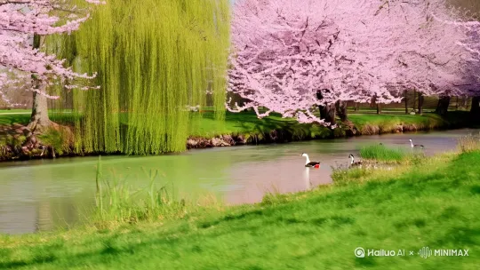 [左移,推进,右摇]
画面质量：8K分辨率，超清画质，RAW格式，HDR渲染，细腻纹理
主题描述：春天，小溪两侧樱花盛开、间隔而种的柳树绿意甚浓。粉红色的樱花与柳叶叶形成强烈色彩对比。
两只大鹅带几只小鹅在小溪里欢快的滑动，小溪里有几株绿草冒出。溪水成淡淡的绿色，能露出鹅的红掌。 by Hailuo AI Video Generator