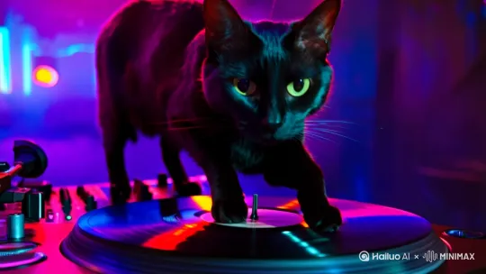 一只黑色猫是DJ正在打喋。 by Hailuo AI Video Generator