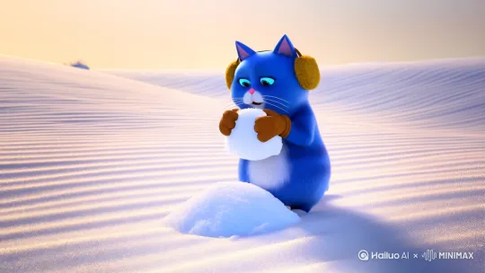 生成一只拟人化的蓝色的可爱的大眼睛胖胖的猫咪，冬天，地下满是雪，白雪皑皑，他现在戴着耳暖和手套堆雪人 by Hailuo AI Video Generator