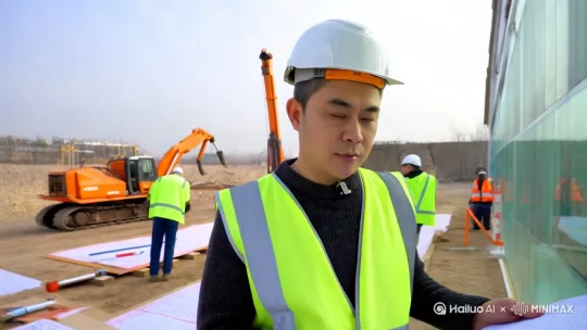这个中年男人叫李先生，从事建筑工程，是一名建造师，以他为主题，做一段在某个大楼的幕墙安装现场指导施工的视频。 by Hailuo AI Video Generator