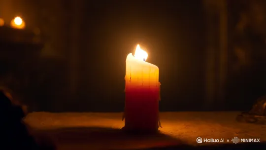 一只蜡烛被风吹灭后重新点燃，随后烛光后面出现一双黑豹的眼睛，跳过蜡烛慢慢向镜头走来。 by Hailuo AI Video Generator