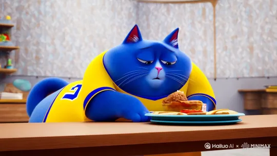 [左摇,变焦推进]一只蓝色的大肥猫，穿着24号黄色球衣，趴在桌子上吃麦当劳，边吃边哭[右摇,变焦推进] by Hailuo AI Video Generator
