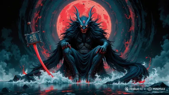 动态暗黑奇幻动画:一只长着尖角、红目发光的狰狞怪物坐于水边,手持刻有日文的血红色长刀。背景呈现旋转的红月与暗沉的风暴云。加入动态效果:翻涌的水浪、飘动的黑色长毛、如血滴般飞溅的动态效果。采用电影级镜头:缓慢推近怪物凶狠的表情,旋转镜头展示长刀细节,搭配红月光辉的戏剧性转场。以诡异光影和粒子效果强化氛围,确保高清画质、60 帧流畅度与浓烈的暗黑奇幻氛围。 by Hailuo AI Video Generator