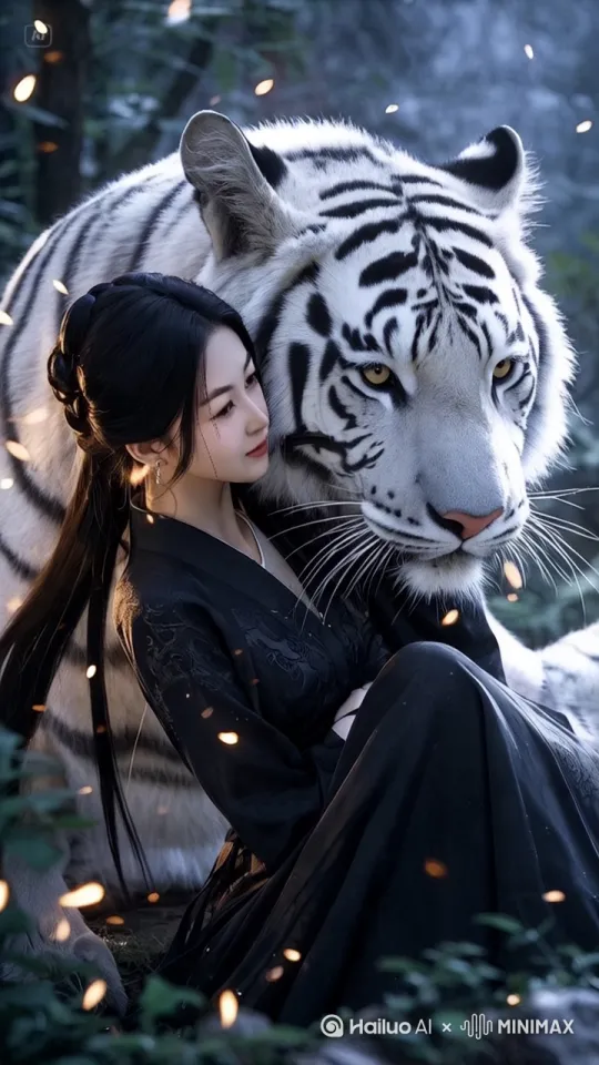 一个黑衣仙女和一只巨大白虎，依偎在一起，仙女黑色衣服，古装，黑色头发如瀑布，绝世美女，近脸，清纯，背景幽深茂密的丛林，梦幻，薄雾，写实，8k超高清，精致细节，暗夜有光芒，摄影打光，超真实，立体三维，3D老虎耳朵在动，眼睛也在动，美女眼睛在动 by Hailuo AI Video Generator