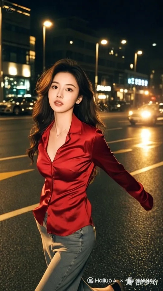 变成中国特色式薄纱旗袍服装,復古風格,背景古代过年气氛,煙火,古代街道上,红色灯笼 by Hailuo AI Video Generator