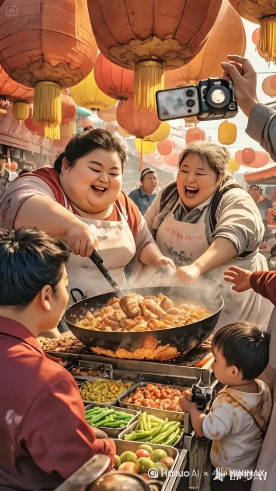 大妈宛如功夫高手降临。只见大妈猛地高高跃起进行托马斯回楼，同时双手如闪电般举起大锅在空中急速翻转，同时操起锅铲以排山倒海之势大力酶炒锅中食材，食材瞬间如五彩的流星在铁锅的上空翻滚跳跃。接着，大妈一个金鸡独立，单留稳稳支撑，另一条腿高高抬起，带起呼呼风声。周围围满了前来参加喜宴的村民，男女老少都瞪大了眼睛，满脸惊叹，有的张大嘴巴，有的不禁拍手叫好。 by Hailuo AI Video Generator