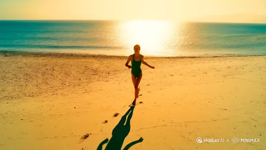 徐克导演 全景  早晨霞光万丈的海滩，身着游衣的女子正在奔跑，展现人物正面，背景有色彩斑斓的光影和浅色的沙滩，电影笑傲江湖风格 by Hailuo AI Video Generator