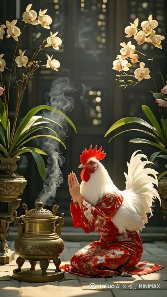 一只拟人化的白色公鸡在虔诚朝拜，叩头，微微低头。自然过渡，自然顺畅。 by Hailuo AI Video Generator