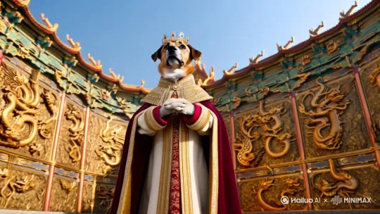 一只汪星人，头戴皇冠，一身古代国王打扮。站在九龙壁前仰望天下（镜头远景从皇宫的九龙壁往上推），双手环于胸前到背起手来。（上移[推进,上升]聚焦汪星人的全身） by Hailuo AI Video Generator