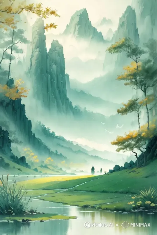 "四周被雄伟山峰环抱。清澈的溪流潺潺流淌,水面在微风中泛起层层涟漪,阳光穿透轻纱般的云层,洒下斑驳光影。金黄树叶点缀在苍翠树木之间,随风轻轻摇曳。空气中弥漫着湿润泥土的气息,草地上露珠闪烁,一切显得如此和谐与宁静。山谷中的自然美景在柔和蓝天下展现得淋漓尽致,仿佛是大自然最温柔的低语。全景,跟随镜头缓缓移动,捕捉每一刻的宁静美好。" by Hailuo AI Video Generator