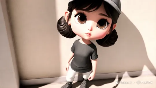 3D,漫画版,一个可爱的小女孩,大眼睛,瓜子脸,长睫毛,小嘴巴,粉扑扑的脸蛋,扎着两个小辫子,头戴灰色鸭舌帽,发丝凌乱感,穿深灰色七分袖体恤,宽松版,白色裤子,灰色皮鞋,一只手插在口袋里,偷偷的靠在墙角,眼神忧伤的看着前方,依依不舍的样子,潇洒感,高级感。 by Hailuo AI Video Generator