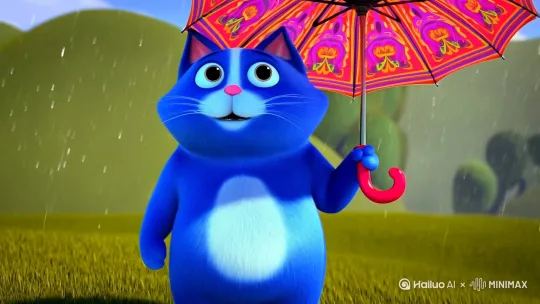 生成一只拟人化的蓝色的可爱的大眼睛胖胖的猫咪，现在正在下雨，他正打着雨伞，雨滴从天空落下，远景 by Hailuo AI Video Generator