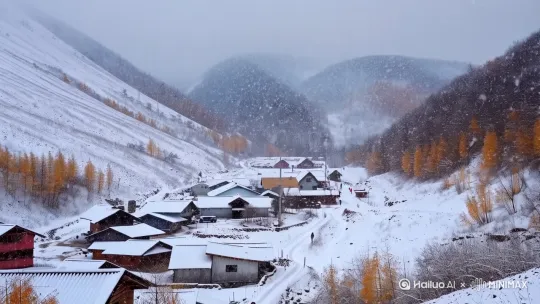鹅毛大雪连续下了三天。整个矿山迅速从还能分辨出些许枯黄颜色的深秋进入了满眼白茫茫的初冬。虽然是这样,气温还没有下降到寒冷的地步。山里人都知道雪前暖,雪后寒的道理。放眼望去,整个矿山笼罩在一片漫天飞舞的雪花世界里。雪花照顾到每一个角落,给每一片裸露的表面覆盖着同样的白色。如果不是布局混乱的住家边上的小路上有上学的孩子们的身影,那么,这个深山里的不大的小山沟就是死寂一片。而事实上,在孩子们上课的时候,也确实很难看到有生命的迹象。只有仔细辨别才能发现人为踩出来的小径还能透露出一丝令人感到安慰的痕迹。 by Hailuo AI Video Generator