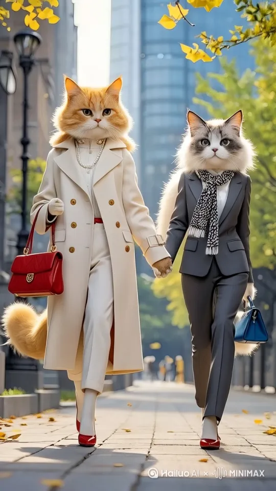 两只拟人化的橘猫，手拉着手，亲密地一起向前走，镜头跟随。自然过渡，自然顺畅。 by Hailuo AI Video Generator