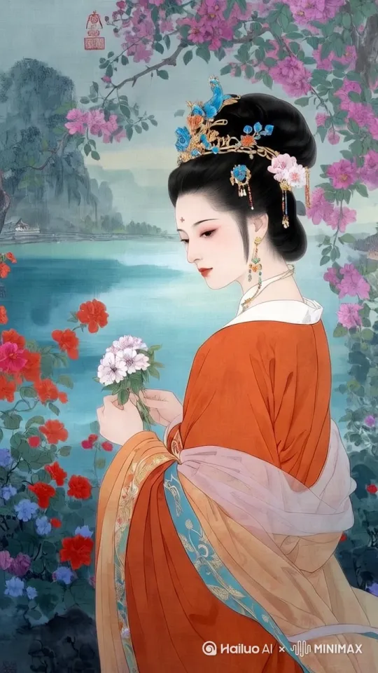 帮我生成一个视频：让美女慢慢的从牡丹花海里走出来。360度转一圈。摇身一变，服装颜色变成紫红色的。多个分镜头。比例 9:16。[左移,右摇,跟随] by Hailuo AI Video Generator