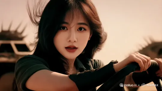 参照疯狂麦克斯狂暴女神的剧情在沙漠中开着战车奔驰，后有大量战车追逐开抢 by Hailuo AI Video Generator