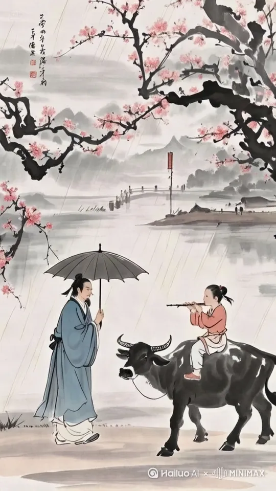 唐代  ，清明时节，阴雨绵绵  
郊外小路，远处有村落  
中年人撑着伞，神情落寞走在小路上衣衫微湿。牧童少年，骑牛，天真烂漫。细雨绵绵，烟雨朦胧的杏花林间，撑伞行人驻足问路，骑牛牧童吹笛指向远处村落。 by Hailuo AI Video Generator