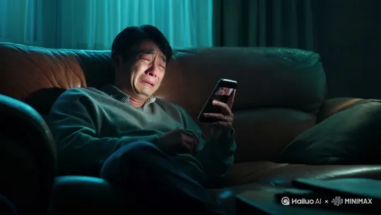 失恋的男人，坐在沙发，看着手机中已离开的她的照片，听着音乐，喝着汾酒，眼泪滑下，和酒一起流入口中，请帮我完善这个视频 by Hailuo AI Video Generator