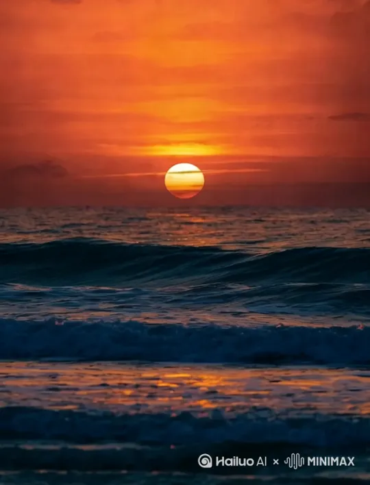 夕阳渐渐落入海平面，海水泛起白色的浪花，天空有海鸥飞过 by Hailuo AI Video Generator