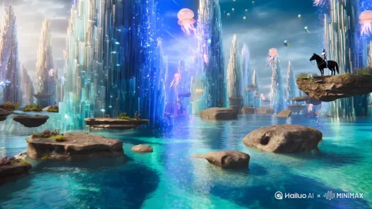 视觉元素：
- 悬浮的石块和小岛
-空中漂浮着发光水母般生物
- 巨大的水晶柱从地面生长
- 魔法粒子在空气中闪烁
-蓝色美人鱼公主跃出水面
-坐在礁石上梳洗头发
-骑着飞马的骑士站在远处看着人鱼公主[拉远,上升,下摇] by Hailuo AI Video Generator