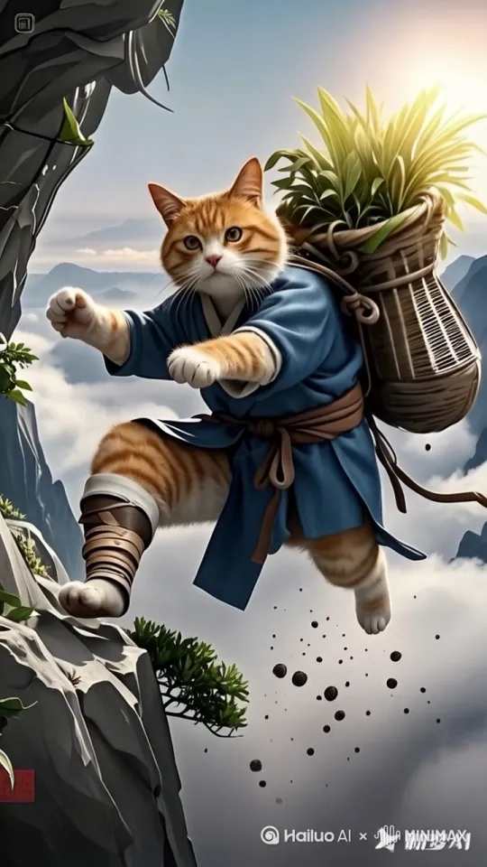主题描述词：老年橘猫身穿古代药师袍，胡须挂着草药袋，从陡峭悬崖边缘坠落，四爪在空中挥舞，悬崖下方云雾缭绕 美学词：超现实光影，岩石纹理与猫毛细节高度写实，动态尘土飞溅效果，逆光勾勒猫耳轮廓 专业词：16:9全景构图，8k超高清，景深层次分明，HDR高动态范围，电影级戏剧化镜头 by Hailuo AI Video Generator