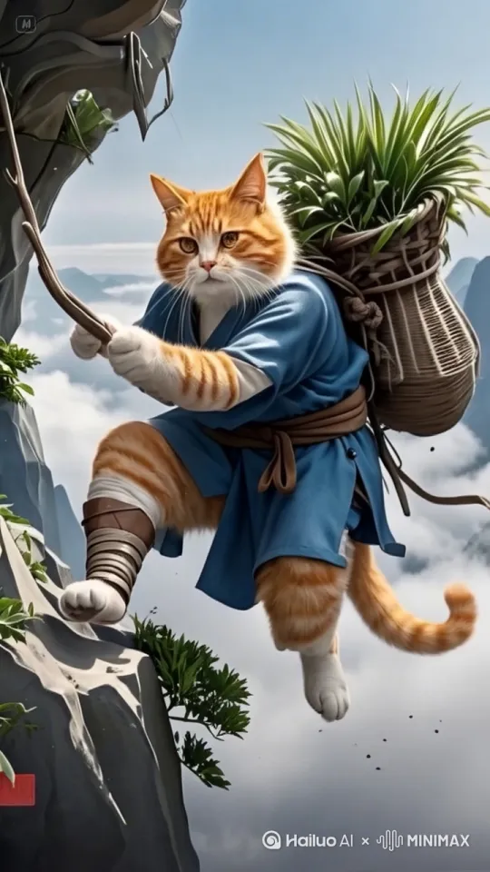主题描述词：老年橘猫身穿古代药师袍，胡须挂着草药袋，从陡峭悬崖边缘坠落，四爪在空中挥舞，悬崖下方云雾缭绕 美学词：超现实光影，岩石纹理与猫毛细节高度写实，动态尘土飞溅效果，逆光勾勒猫耳轮廓 专业词：16:9全景构图，8k超高清，景深层次分明，HDR高动态范围，电影级戏剧化镜头 by Hailuo AI Video Generator