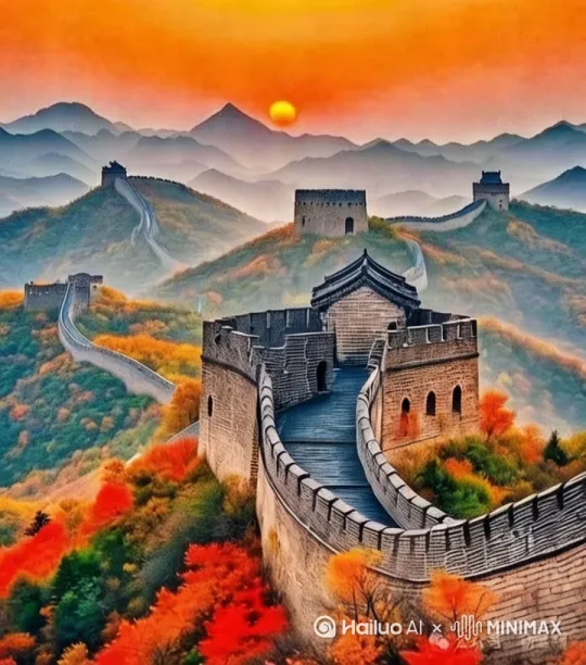 太阳缓缓升起，长城内外霞光普照，云卷云舒，山间微风吹拂，树木摇曳[推进,上升] by Hailuo AI Video Generator