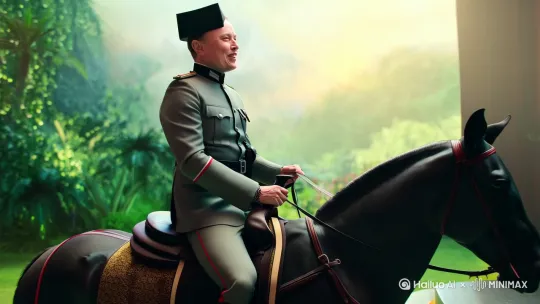 上半身镜头，美国特斯拉CEO马斯克正面穿德国老军服没戴帽子，骑马走马观花，然后从马上下来走向演讲台激情演讲，然后右手拍胸口再做出向外向上抬手敬礼手势，然后马斯克变成一个马戏团的耍杂技的小丑 by Hailuo AI Video Generator