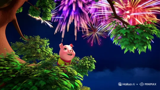生成放烟花的时候小猪一边爬树一边唱歌的视频 by Hailuo AI Video Generator