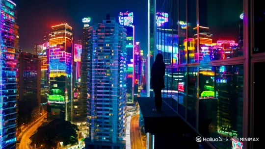 （异乡的城市夜景）高楼大厦间的霓虹灯闪烁，一个孤独的身影站在阳台上望向远方。 by Hailuo AI Video Generator