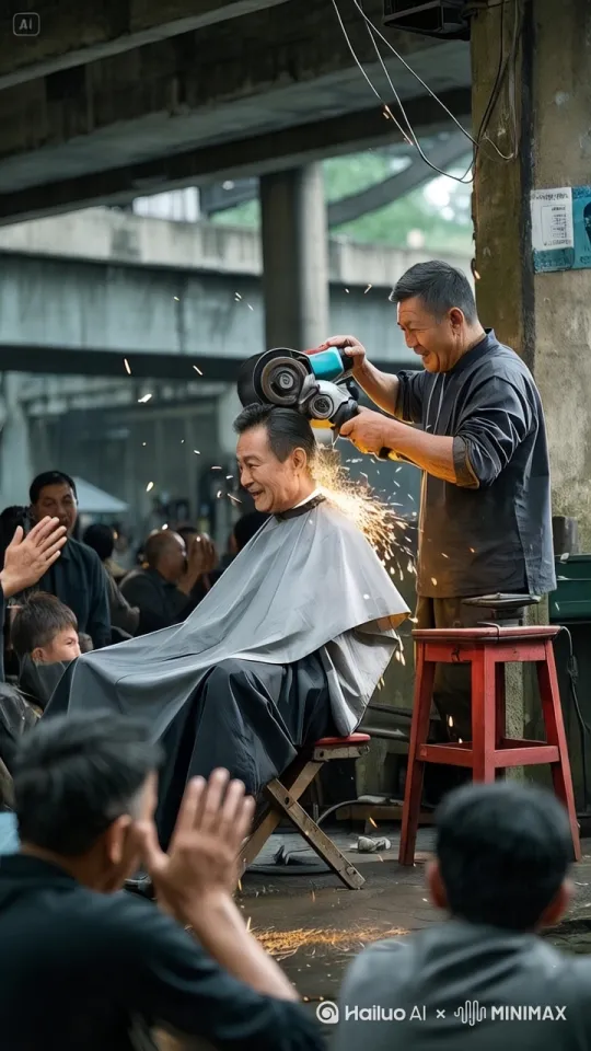 露天理发摊位左侧白发大爷手持角磨机熟练打磨顾客发型，电动工具左右摆动时迸发密集金色火花，飞溅火星照亮围观人群笑脸，木凳上顾客瞪圆双眼张大嘴巴不停的吐出鲜红长舌，不停的吐舌头要细节展现，围观群众拍手欢呼笑得前仰后合，写实风格捕捉角磨机旋转残影与发丝飞扬轨迹，强化面部肌肉紧绷与松弛的戏剧性对比，8K画质呈现火花溅射路径与大爷花白鬓角汗珠，铁质工具包浆磨损处泛着金属冷光，潮湿水泥地面散落发屑与锈粉。 by Hailuo AI Video Generator