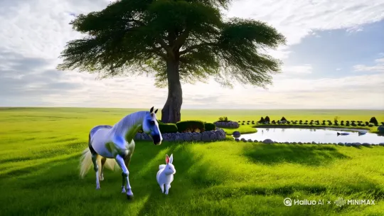 在草原上的一颗参天大树下，一个汗血宝马和一个白色兔在对话。风吹草动。南天白云，旁边有一个鱼塘和假山。 by Hailuo AI Video Generator