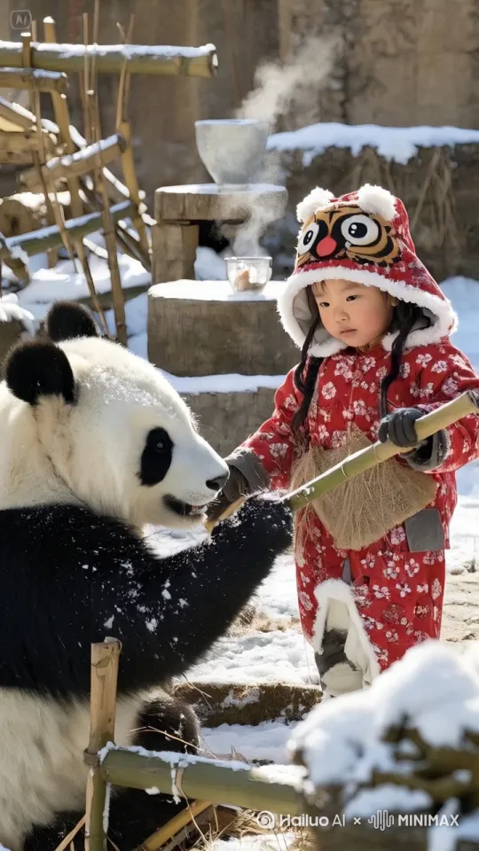 镜头移动，动态跟随，小女孩和大熊猫用武术打架，中国功夫打架，武林高手，多角度展示打架细节，符合逻辑，极致细节，超真实动态捕捉，清晰自然，高质量，不模糊，没有瑕疵，电影画质，整体画面节奏快，阳光丰富，细节生动 by Hailuo AI Video Generator