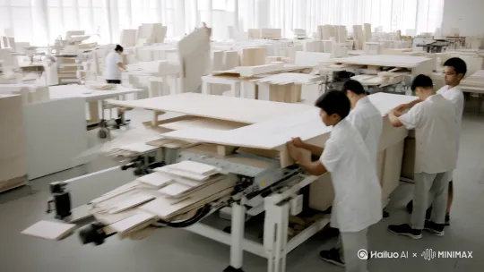 生成一个加工板材制造全屋定制直播间的视频
一有工人制作安装的工作场景 有机器  有板材 有工人   白色系列家俱 by Hailuo AI Video Generator
