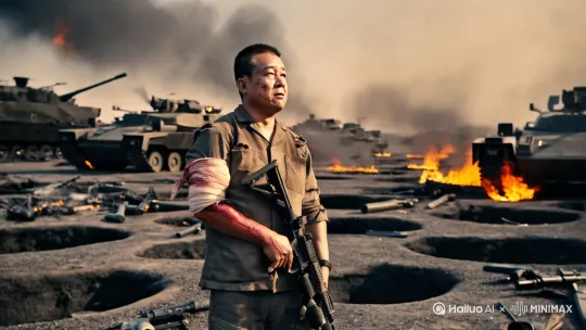 战场废墟场景布满弹坑和残破武器的焦土，一名三十岁左右的男性战士站立在废墟中央，浑身尘土和血迹，右臂缠着浸血绷带，左手紧握断裂的步枪，面部有擦伤但眼神坚毅望向远方，背景是被击毁的坦克残骸和燃烧的建筑物，硝烟与灰尘在黄昏的逆光中形成光束，超高清细节展示武器金属反光和布料磨损痕迹，电影构图采用广角镜头，8K画质呈现沙尘颗粒和光线丁达尔效应 by Hailuo AI Video Generator