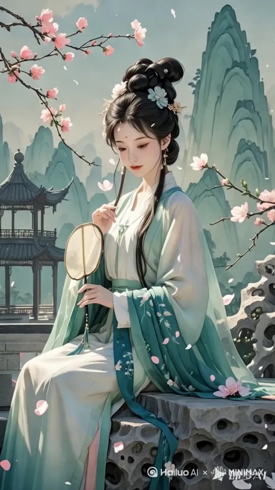 花瓣飞舞，轻摇扇，衣裙飘飘，运镜旋转[左移,右摇,跟随] by Hailuo AI Video Generator