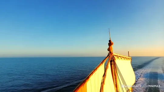 蓝色的天空，站在船尖上，飘逸的头发行驶在海上 by Hailuo AI Video Generator