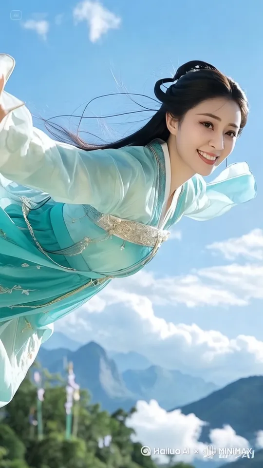 在浩瀚天空中云层层次分明，充满东方奇幻美学张力的天际线，一个长得人美色绝的中国古代女子身穿湖蓝色精致汉服，丝绸面料呈现真实光影反射，发丝根根分明自然飘动，细腻面部展露甜美微笑凝视镜头，飞翔姿态优雅流畅，汉服下摆与发梢在空中划出灵动脉络，镜头以无机视角俯拍全身动态，超写实电影质感，32K画质呈现丝绸纹理与云层细节，高饱和色彩与自然光效完美融合，fVP长镜头跟拍强化临场感，60帧率捕捉俯冲时衣袂翻卷的丝滑动态，精准动态捕捉无变形模糊，电影级动态模糊增强速度张力，超高清画质配合精准面部表情捕捉。正面半身照，眼睛看向镜，甜美微笑！ by Hailuo AI Video Generator