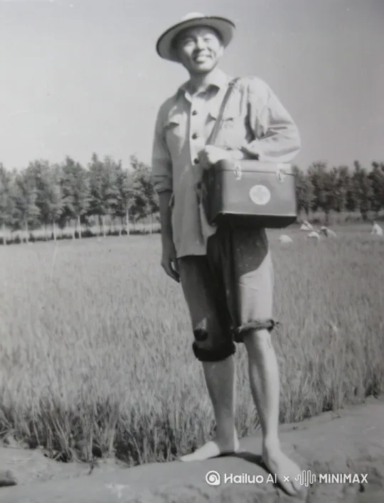 在1969年我曾在崇明岛新海农场当赤脚医生（应该算是中国第一代赤脚医生）留下这张照片，那天正好在巡视，为在稻田里的农友提供医疗服务，没有事的话也会下水稻里拨草…… by Hailuo AI Video Generator