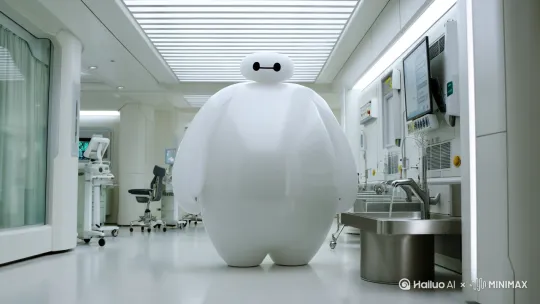 超能陆战队中的医疗机器人大白在手术室走廊洗手，碰到水的瞬间触电了 by Hailuo AI Video Generator