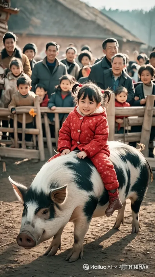 镜头移动，母猪在场地中左右奔跑、上下跳跃、疯狂跳跃，小女孩紧紧骑在母猪身上 by Hailuo AI Video Generator