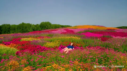 有很多很多漂亮的花，有人躺在上面很放松 by Hailuo AI Video Generator