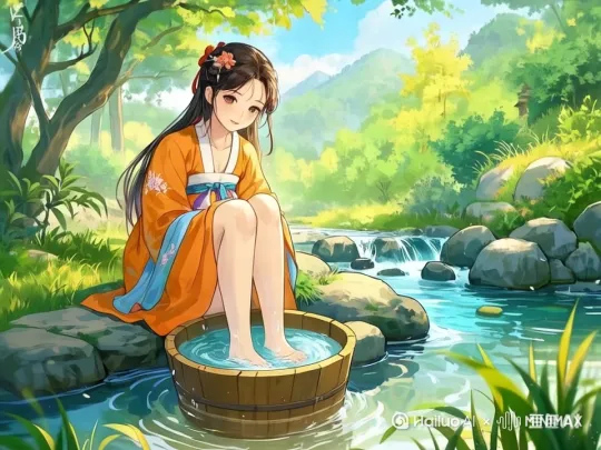 图中人物泡脚，脚在木盆里动一动，小溪水流动，植物随风摇动 by Hailuo AI Video Generator