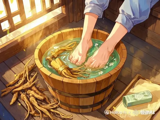 图中人物泡脚，脚在木盆里动一动，热气腾腾 by Hailuo AI Video Generator