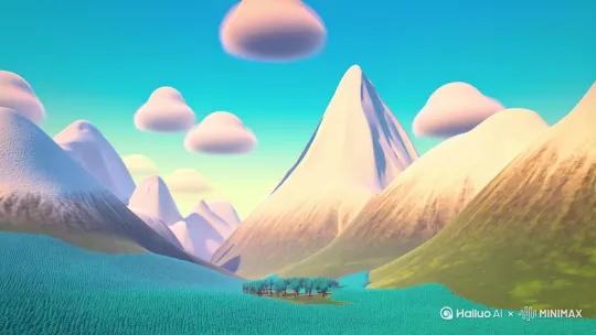 3D皮克斯动画风格，山脉群，青绿色渐变植被+山顶积雪，柔和阳光丁达尔效应，漂浮卡通云朵，山脚Q版松树，镜头缓慢推远，景深层次分明，色彩饱和度偏高，材质细腻带轻微卡通纹理  [推进,左移] by Hailuo AI Video Generator